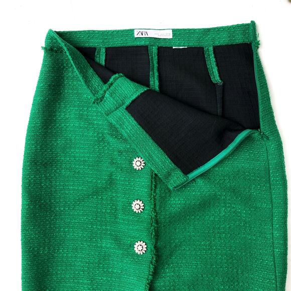 ZARA Emerald Green Tweed Pencil Skirt Rhinestone Buttons | Fall Jewel Tone NWOT - Picture 8 of 16